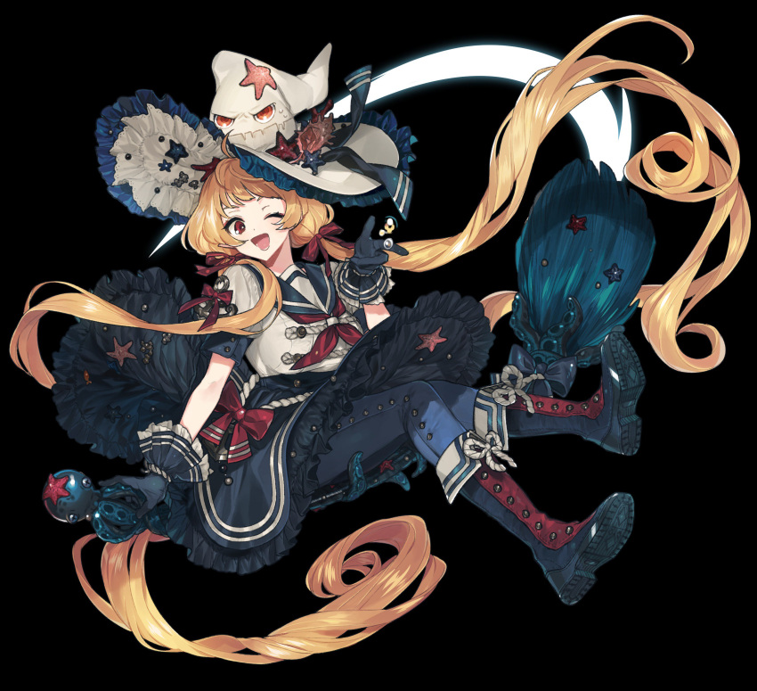 1girl :d absurdly_long_hair absurdres black_background black_gloves black_ribbon black_sailor_collar black_skirt blonde_hair blue_pants boots broom broom_riding character_request copyright_request full_body gloves hair_ribbon hat hat_ornament highres long_hair looking_at_viewer low_twintails lunch_(lunchicken) neckerchief one_eye_closed open_mouth pants red_eyes red_neckwear red_ribbon ribbon sailor_collar school_uniform serafuku shirt simple_background skirt smile solo tentacle twintails very_long_hair white_hat white_shirt witch witch_hat