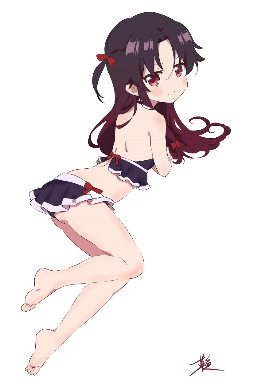 1girl absurdres bangs barefoot black_hair black_swimsuit blush bow brown_hair cao_yuxiang feet gradient_hair hair_bow highres long_hair looking_at_viewer multicolored_hair red_bow red_eyes ryuuou_no_oshigoto! solo swimsuit yashajin_ai
