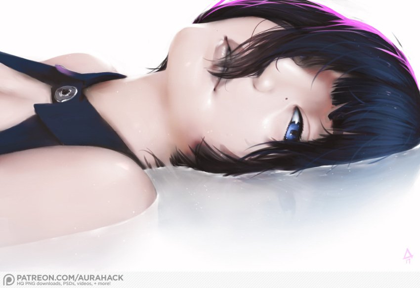 1girl bangs black_hair blue_eyes breasts cleavage cleavage_cutout erica_june_lahaie eyelashes hair_over_eyes original parted_lips partially_submerged patreon_logo realistic short_hair signature solo upper_body watermark web_address