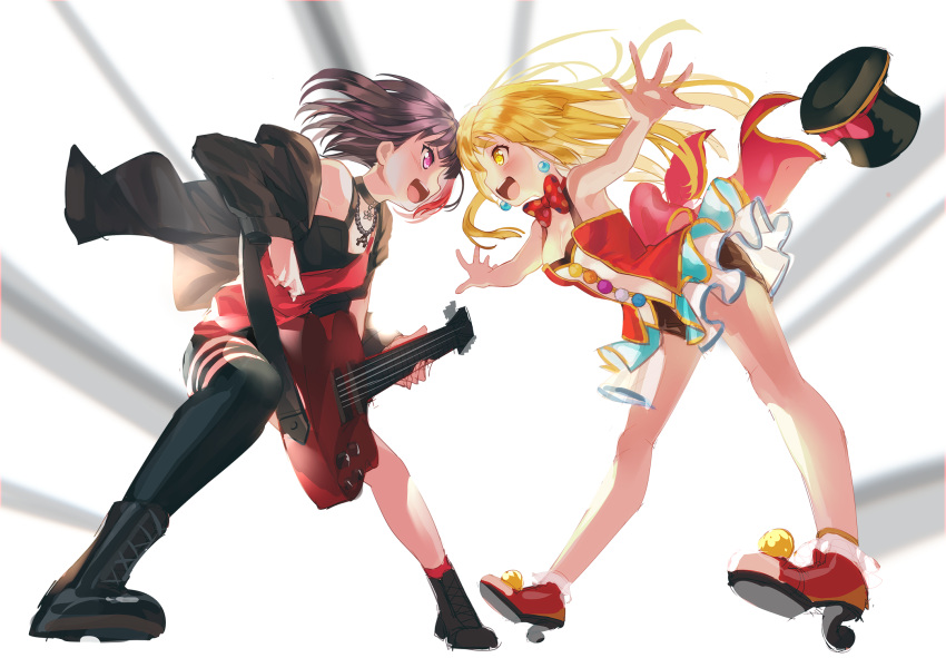 2girls :d bang_dream! black_footwear black_hair black_hat black_jacket black_legwear black_shorts black_tank_top blonde_hair boots bow bowtie earrings electric_guitar emphasis_lines eye_contact face-to-face guitar hat hat_bow hat_removed headwear_removed high_heels highres hood hood_down hooded_jacket instrument izu_(izzzzz27) jacket jewelry long_hair looking_at_another mitake_ran multicolored_hair multiple_girls off_shoulder open_mouth outstretched_arms polka_dot polka_dot_background pom_pom_(clothes) red_bow red_footwear red_neckwear redhead short_hair short_shorts shorts showgirl_skirt single_strap single_thighhigh smile spread_arms spread_legs standing streaked_hair thigh-highs thigh_strap top_hat tsurumaki_kokoro violet_eyes yellow_eyes