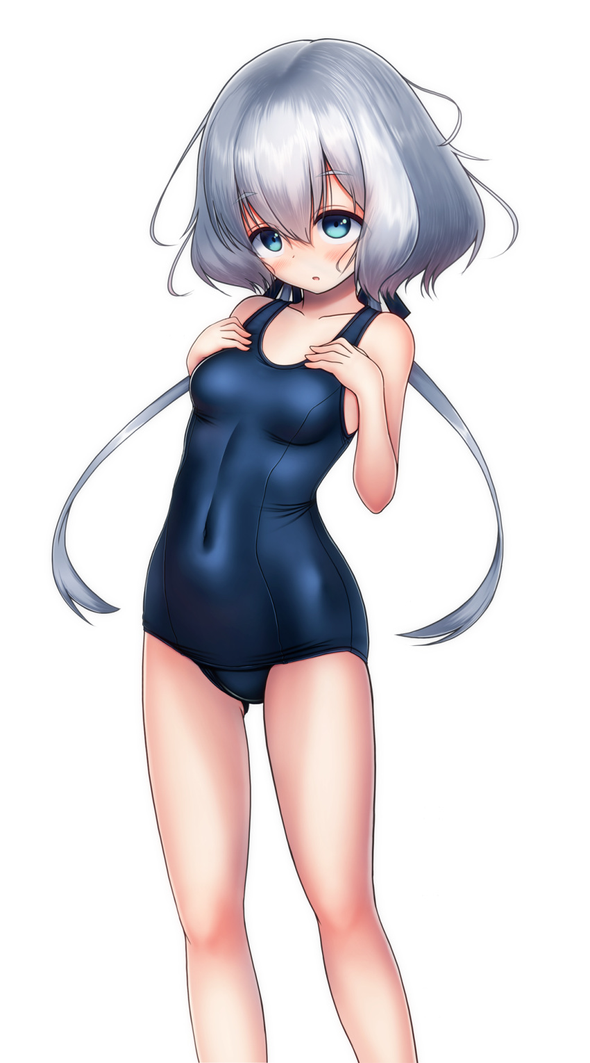1girl asan ass_visible_through_thighs blue_eyes blue_ribbon blue_swimsuit blush breasts collarbone eyebrows_visible_through_hair feet_out_of_frame hair_between_eyes hair_ribbon hands_on_own_chest highres konno_junko long_hair looking_at_viewer low_twintails old_school_swimsuit one-piece_swimsuit open_mouth ribbon school_swimsuit silver_hair simple_background small_breasts solo standing swimsuit twintails white_background zombie_land_saga