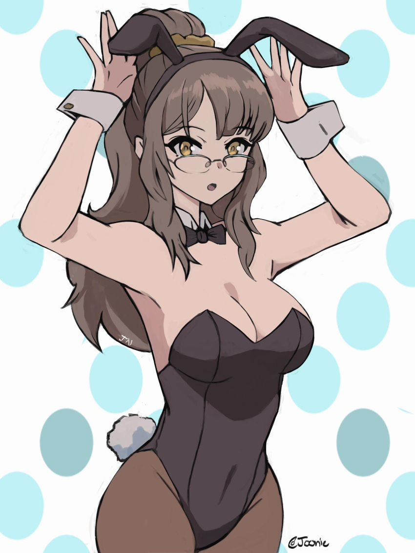 1girl absurdres animal_ears arms_up bae_joohyun bangs black_leotard breasts brown_eyes brown_hair bunny_girl bunny_tail bunnysuit cleavage detached_collar eyebrows_visible_through_hair futaba_rio glasses highres large_breasts leotard long_hair looking_at_viewer open_mouth pantyhose ponytail rabbit_ears seishun_buta_yarou solo strapless strapless_leotard tail wrist_cuffs