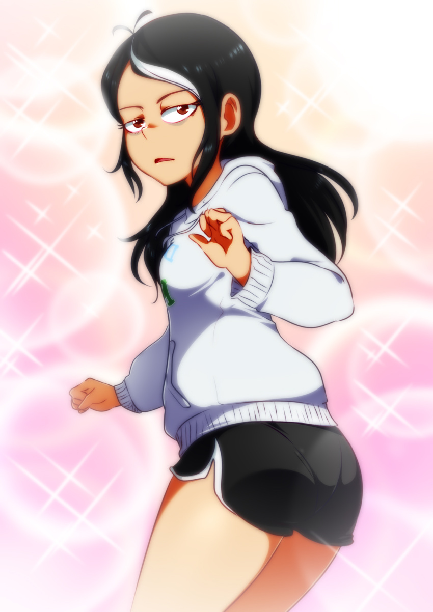 1girl antenna_hair black_hair borrowed_character breasts from_behind frown highres jcm2 looking_back medium_hair multicolored_hair open_mouth original short_shorts shorts small_breasts solo sparkle streaked_hair sweater two-tone_hair unamused white_hair