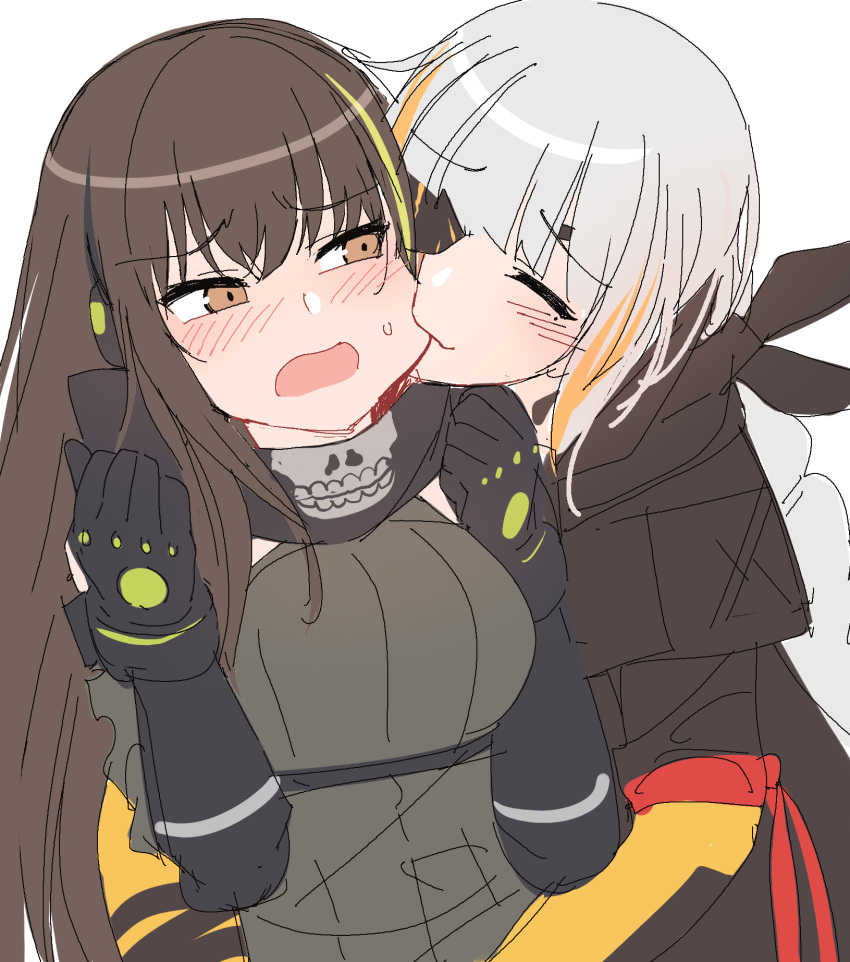 2girls alternate_costume alternate_hair_color biting black_hair blush breasts cheek_biting embarrassed girls_frontline gloves hat highres hug m16a1_(girls_frontline) m4a1_(girls_frontline) mod3_(girls_frontline) multiple_girls ndgd surprised white_hair yuri