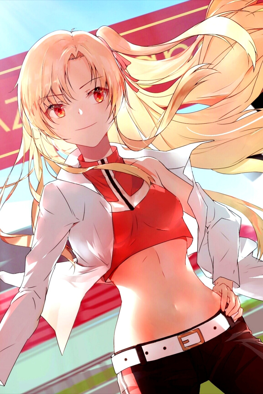 1girl azur_lane belt blonde_hair cleveland_(azur_lane) closed_mouth eyebrows_visible_through_hair hair_ribbon hand_on_hip highres lizi-shi long_hair long_sleeves looking_to_the_side midriff navel one_side_up orange_eyes red_ribbon ribbon smile solo