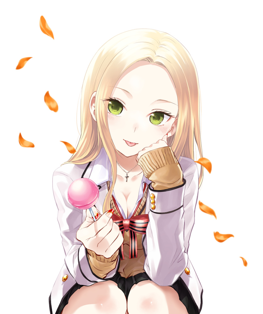 1girl :p absurdres bangs black_skirt blazer blonde_hair blush breasts brown_sweater candy character_request cleavage closed_mouth collarbone commentary_request cross cross_necklace eyebrows_visible_through_hair food forehead green_eyes hand_up head_tilt highres holding holding_food holding_lollipop jacket jewelry kishuku_gakkou_no_juliet lollipop long_hair long_sleeves looking_at_viewer medium_breasts natsupa necklace open_blazer open_clothes open_jacket parted_bangs petals pleated_skirt school_uniform shirt simple_background skirt sleeves_past_wrists smile solo sweater tongue tongue_out very_long_hair white_background white_jacket white_shirt