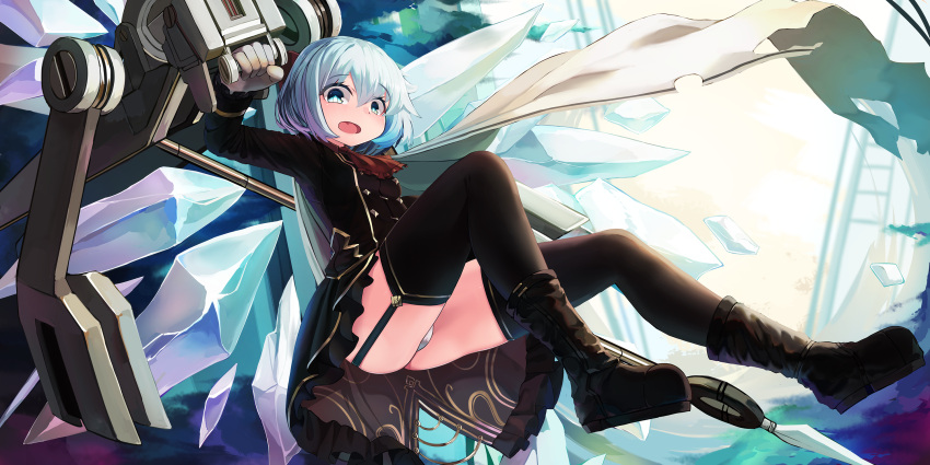 1girl alternate_costume arm_up ascot black_footwear black_legwear black_skirt blue_eyes blue_hair blue_wings boots cirno commentary_request eyebrows_visible_through_hair full_body garter_straps hair_between_eyes highres holding ice ice_wings long_sleeves looking_at_viewer mecha natori_youkai open_mouth panties pantyshot red_neckwear short_hair skirt solo thigh-highs touhou underwear uniform white_panties wings