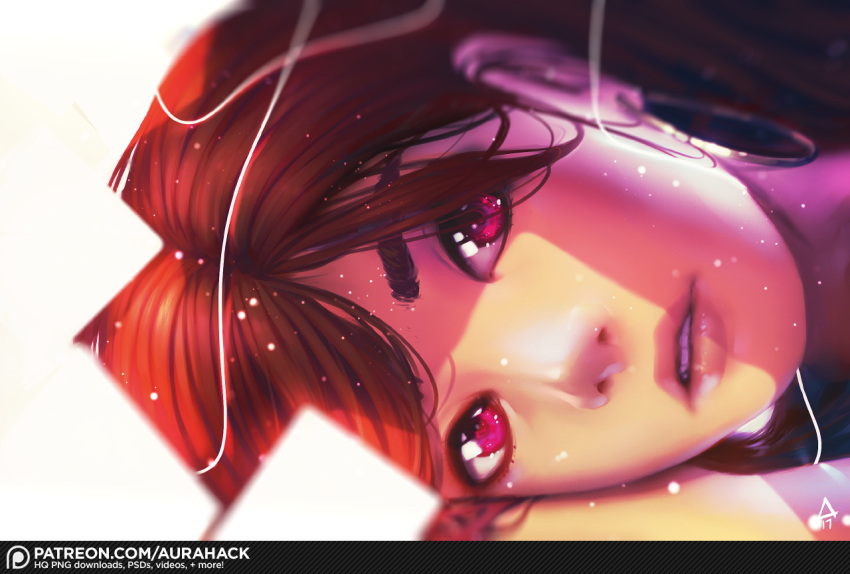 1girl blurry depth_of_field erica_june_lahaie face hair_over_one_eye lying on_side original parted_lips patreon_logo realistic red_eyes redhead signature solo watermark web_address