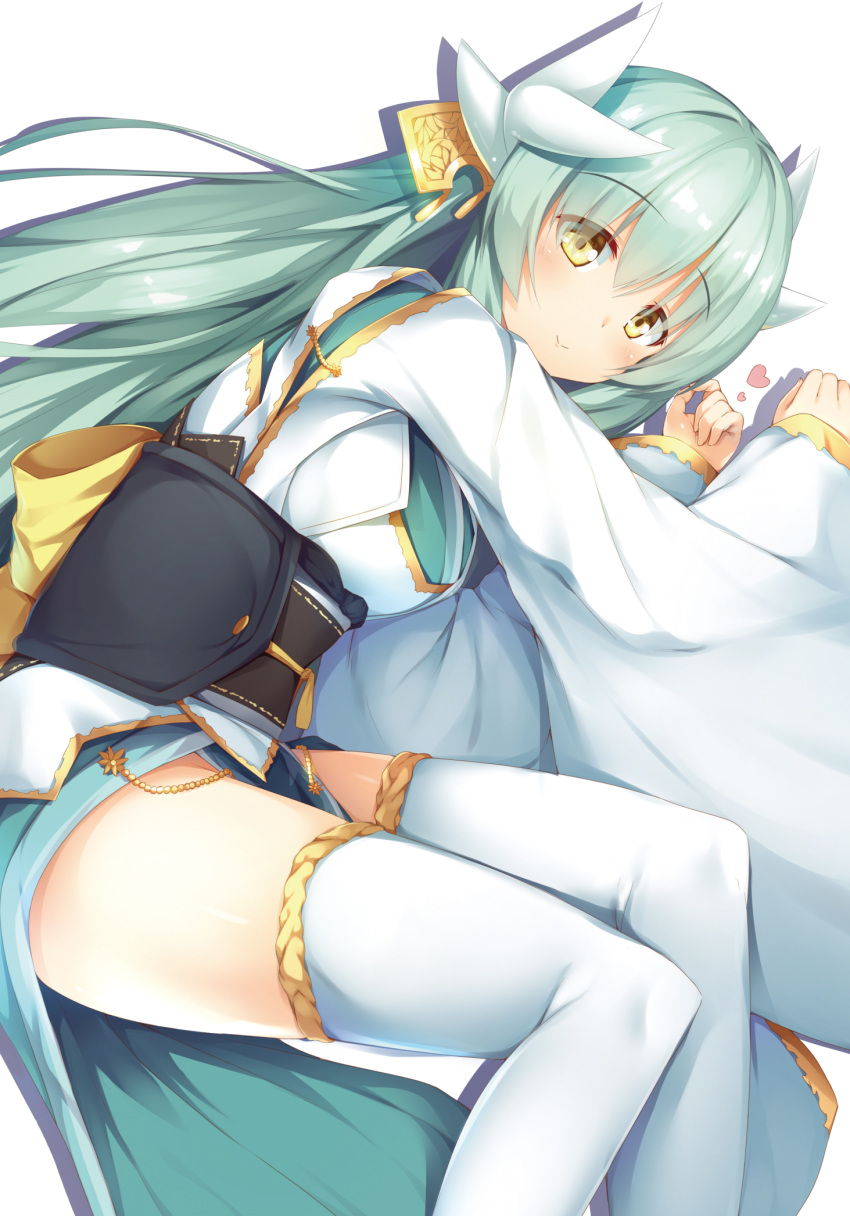 1girl blush dragon_girl dragon_horns fate/grand_order fate_(series) from_above green_hair highres horns japanese_clothes kimono kiyohime_(fate/grand_order) long_hair looking_at_viewer lying on_side sash smile solo thigh-highs white_legwear wide_sleeves yellow_eyes yuki_kawachi