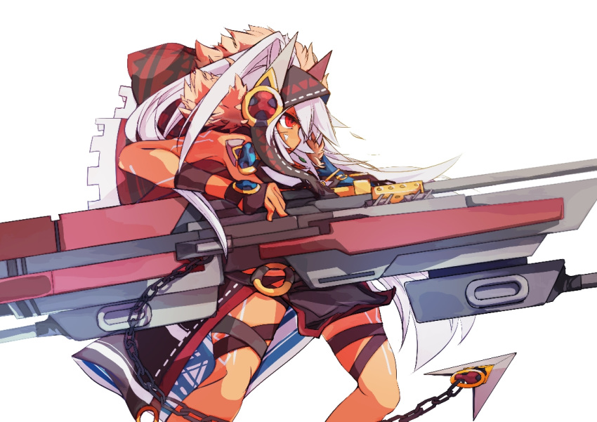 1girl azur_lane bangs bodypaint dark_skin facial_mark fur_trim gun hair_between_eyes hood ioniccrystal long_hair minneapolis_(azur_lane) native_american ponytail red_eyes solo weapon white_hair