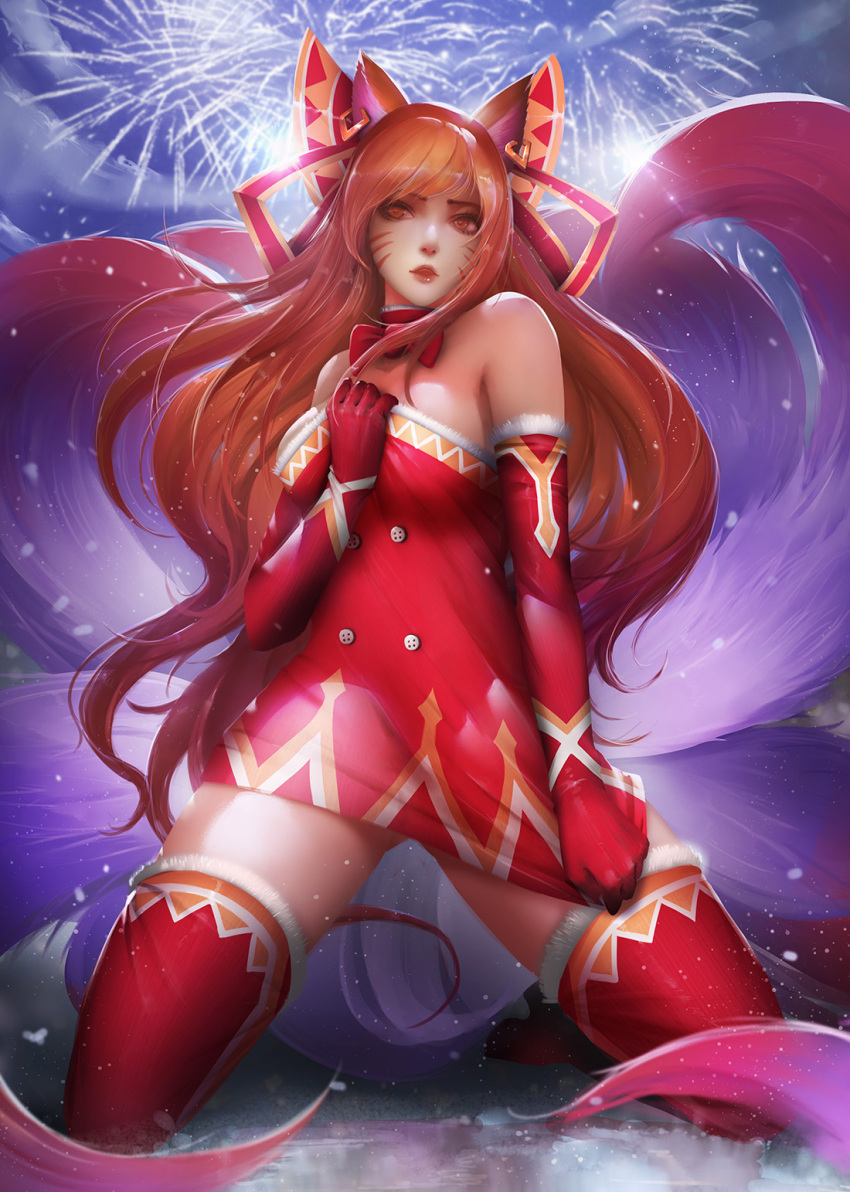 1girl ahri animal_ears ass_visible_through_thighs bangs bare_shoulders bow breasts choker cleavage dress dress_tug ear_piercing elbow_gloves fox_ears fox_girl fox_tail fur-trimmed_legwear fur_trim gloves hair_bow highres kaze_no_gyouja kneeling large_breasts league_of_legends lips long_hair looking_at_viewer multiple_tails open_mouth orange_eyes orange_hair piercing red_bow red_choker red_dress red_gloves red_legwear red_lips santa_costume short_dress solo strapless strapless_dress swept_bangs tail thigh-highs tube_dress very_long_hair whisker_markings
