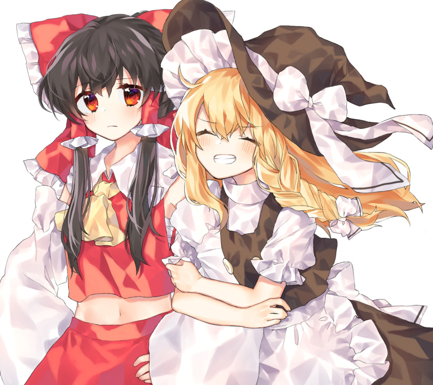 2girls ^_^ ahoge apron arm_hug ascot bangs bare_shoulders black_dress black_hair black_hat blonde_hair blush bow braid cheunes closed_eyes closed_eyes closed_mouth crop_top crop_top_overhang detached_sleeves dress eyebrows_visible_through_hair frilled_dress frilled_shirt_collar frills frown grin hair_between_eyes hair_bow hair_tubes hakurei_reimu hat hat_ribbon highres kirisame_marisa long_hair long_sleeves looking_at_viewer midriff multiple_girls navel open_mouth red_bow red_eyes red_shirt red_skirt ribbon shirt short_sleeves sidelocks simple_background single_braid skirt skirt_set sleeves_past_wrists smile teeth touhou waist_apron white_apron white_background white_bow white_ribbon wide_sleeves witch_hat yellow_neckwear