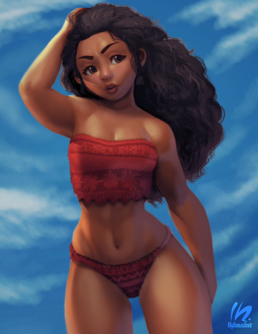 1girl bare_shoulders black_hair blue_sky breasts brown_eyes cleavage commentary cowboy_shot curly_hair dark_skin disney english_commentary eyebrows highres lips long_hair lukas_klaudat moana_(movie) moana_waialiki navel nose older panties red_panties sky small_breasts solo standing strapless thick_eyebrows thighs toned tubetop underwear
