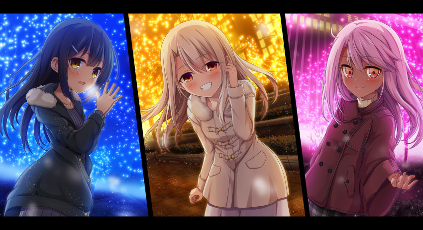 blush chloe_von_einzbern coat commentary dark_skin eyebrows_visible_through_hair fate/kaleid_liner_prisma_illya fate_(series) highres illyasviel_von_einzbern long_hair looking_at_viewer miyu_edelfelt morokoshi_(tekku) multiple_girls orange_eyes pink_hair skirt smile