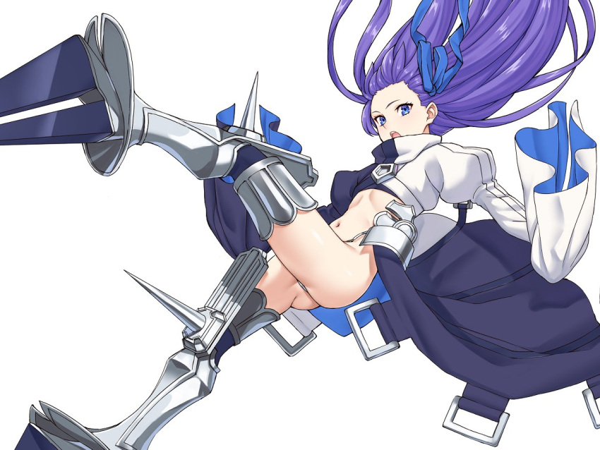 1girl ass blue_eyes blue_ribbon falling fate/extra fate/extra_ccc fate/grand_order fate_(series) flat_chest floating_hair hair_ribbon long_hair long_sleeves meltlilith michihasu midriff navel open_mouth prosthesis prosthetic_leg purple_hair ribbon simple_background sleeves_past_wrists solo spikes white_background