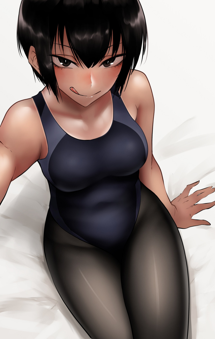 1girl arm_support bare_shoulders black_eyes black_hair black_legwear breasts covered_navel highres licking_lips looking_at_viewer medium_breasts naughty_face one-piece_swimsuit original pantyhose seductive_smile self_shot short_hair sitting smile solo swimsuit tongue tongue_out tsukumo_nikyu