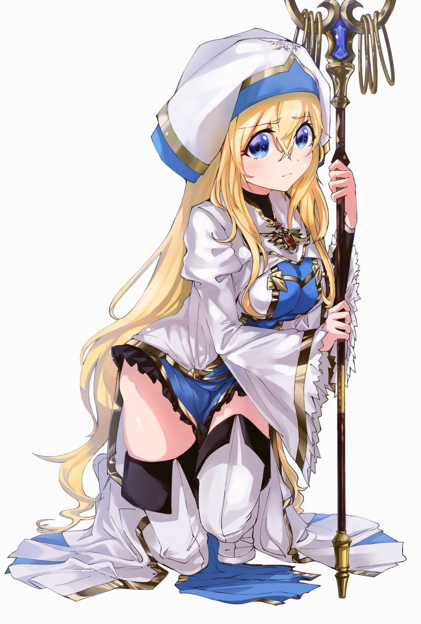 1girl bangs blonde_hair blue_eyes boots botsumoto commentary_request dress eyebrows_visible_through_hair goblin_slayer! hair_between_eyes hat highres long_hair looking_at_viewer one_knee priestess_(goblin_slayer!) solo staff thigh-highs thigh_boots thighs very_long_hair white_background white_footwear wide_sleeves