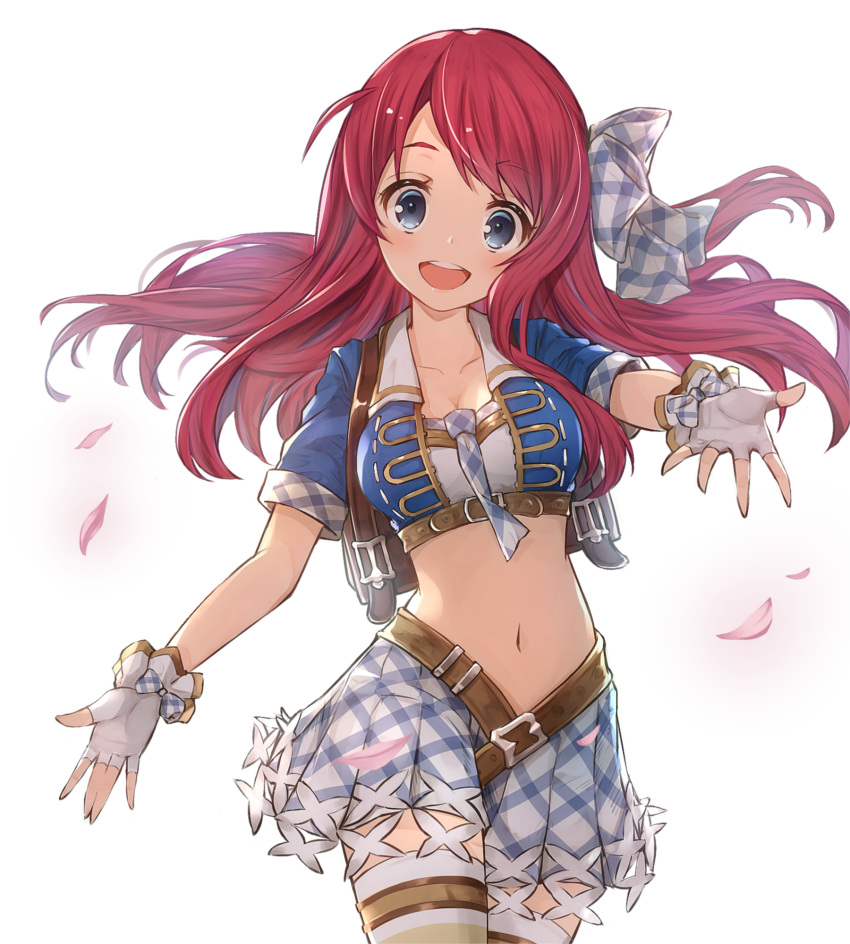 1girl ahoge alisia0812 backpack bag belt belt_buckle blue_eyes bow breasts buckle cleavage collarbone commentary_request cowboy_shot crop_top fingerless_gloves forehead_scar gloves granblue_fantasy hair_bow highres idol long_hair medium_breasts midriff minamoto_sakura navel necktie open_mouth plaid plaid_skirt redhead scar school_uniform short_sleeves skirt solo thigh-highs underbust white_background white_gloves white_legwear zettai_ryouiki zombie_land_saga