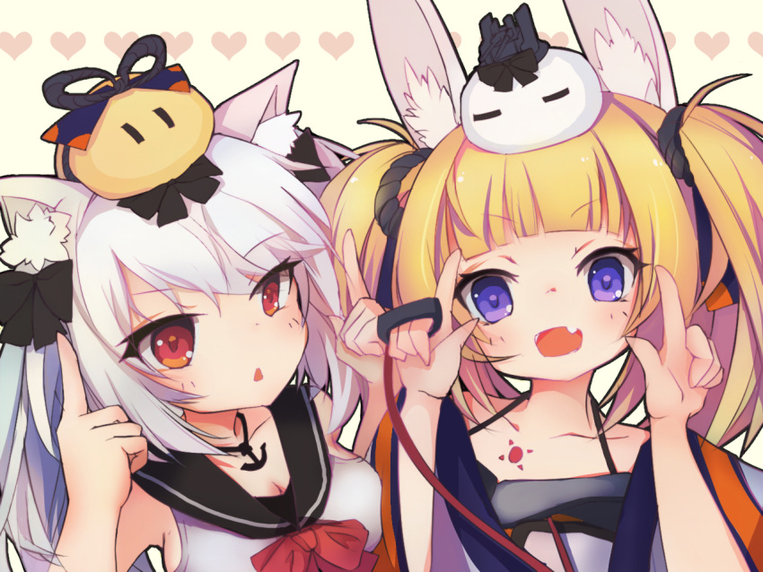 animal_ears azur_lane bangs black_bow blunt_bangs bow brown_hair cat_ears fang hair_bow hair_ornament ioniccrystal kagerou_(azur_lane) long_hair multiple_girls rabbit_ears red_eyes short_hair silver_hair smile twintails violet_eyes yukikaze_(azur_lane)