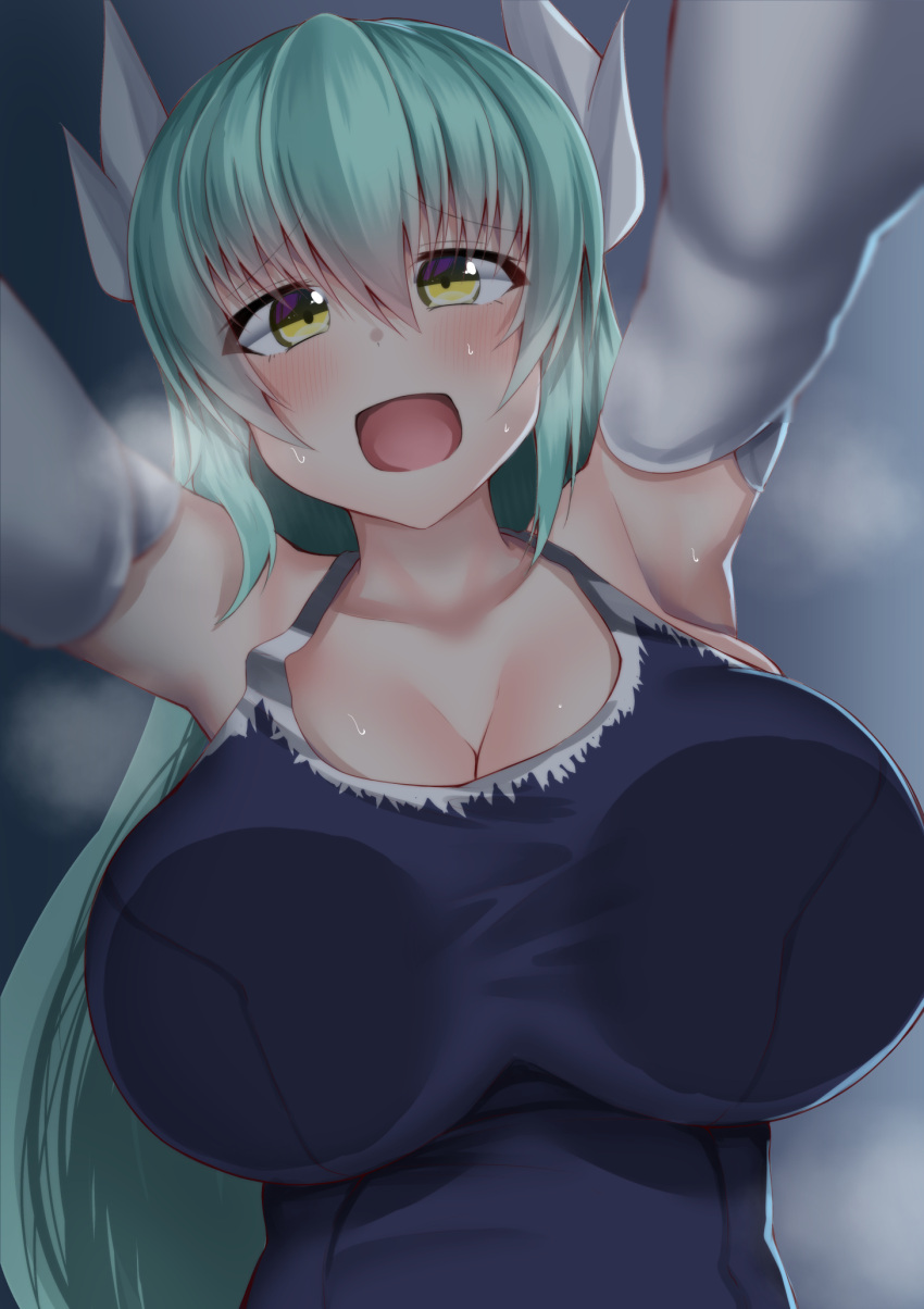 1girl :d aqua_hair armpits bangs breast_press breasts breath collarbone dragon_horns elbow_gloves fate/grand_order fate_(series) gloves hair_between_eyes highres horns kitajima_yuuki kiyohime_(fate/grand_order) large_breasts long_hair looking_at_viewer one-piece_swimsuit open_mouth pov smile solo sweat swimsuit very_long_hair white_gloves yellow_eyes