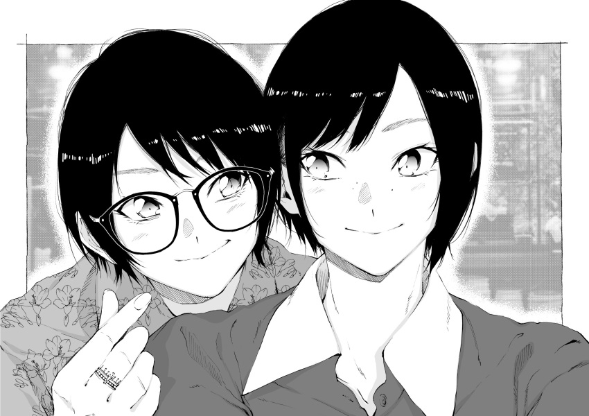 2girls character_request closed_mouth collared_shirt commentary_request eye_contact glasses greyscale highres jewelry looking_at_another mole mole_under_eye monochrome multiple_girls original ring shirt short_hair smile vice_(kuronekohadokoheiku) wing_collar