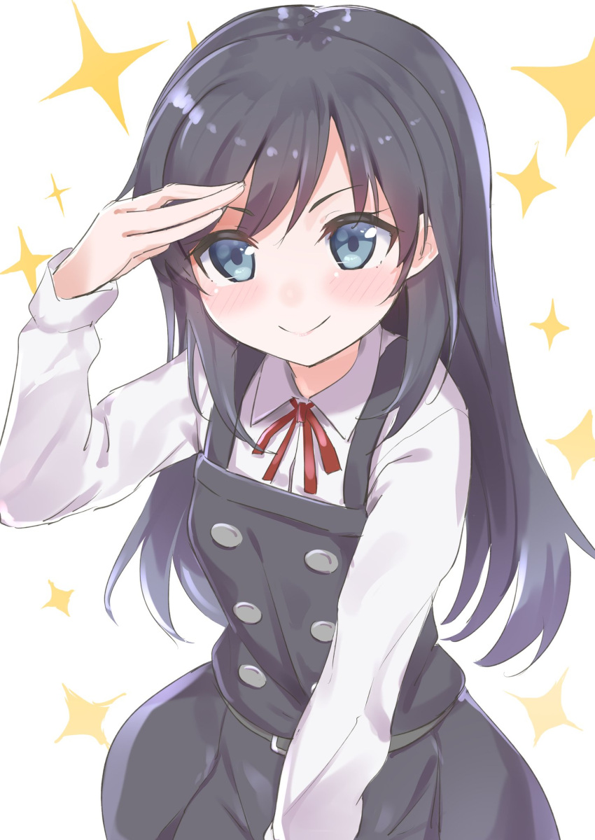 1girl asashio_(kantai_collection) black_hair blue_eyes commentary_request cowboy_shot dress gedoo_(gedo) highres kantai_collection long_hair long_sleeves looking_at_viewer neck_ribbon pinafore_dress red_ribbon remodel_(kantai_collection) ribbon salute smile solo sparkle sparkle_background white_background