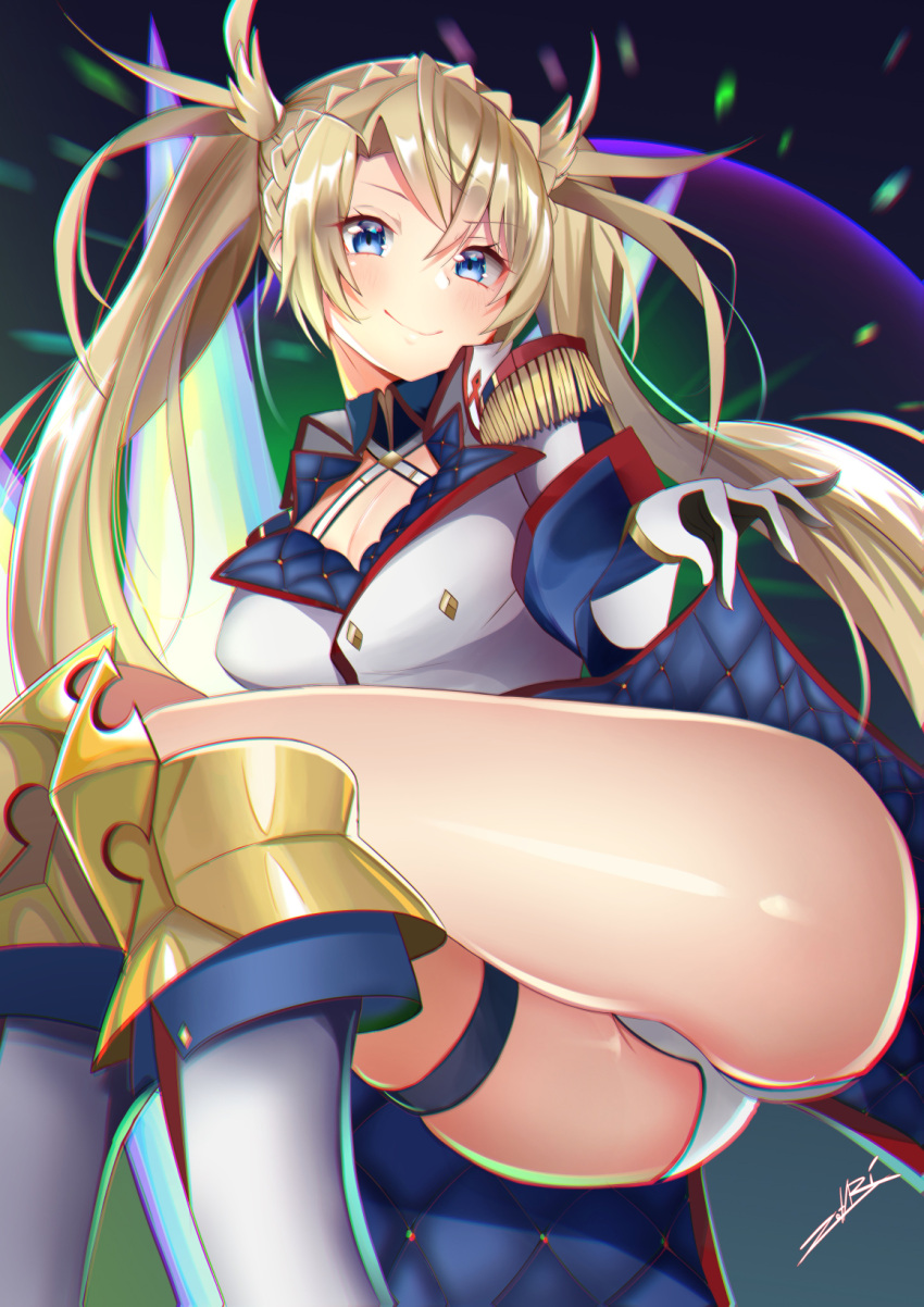 1girl ass beam_shield blonde_hair blue_eyes boots bradamante_(fate/grand_order) braid breasts cleavage clothes_lift coat crown_braid epaulettes fate/grand_order fate_(series) gloves highres long_hair military military_uniform shield signature smile solo twintails uniform zotari