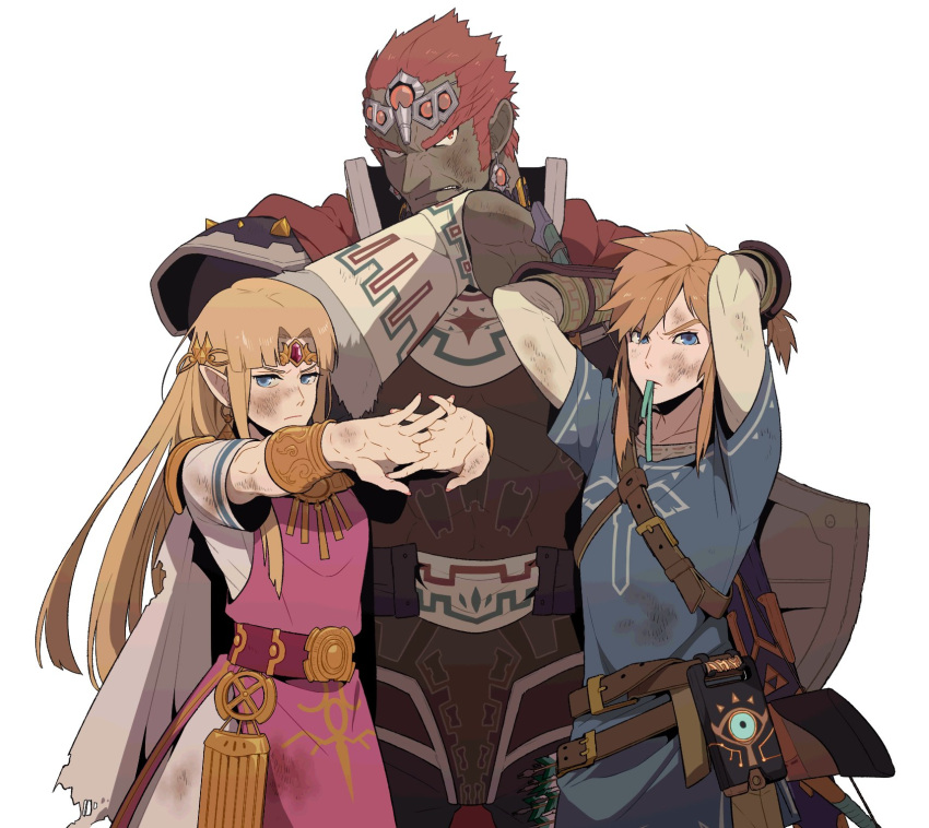 1girl 2boys abs adjusting_hair armor arms_up belt blonde_hair blue_eyes bow_(weapon) bracelet bracer bruise_on_face cape circlet dark_skin dark_skinned_male dirty_clothes dirty_face earrings flexing ganondorf gerudo highres jewelry link mouth_hold multiple_boys nintendo pointy_ears pose princess_zelda redhead redlhzz sheikah_slate shield shirt short_hair standing stretch super_smash_bros. super_smash_bros._ultimate the_legend_of_zelda the_legend_of_zelda:_breath_of_the_wild tiara toned toned_male torn_clothes triforce weapon