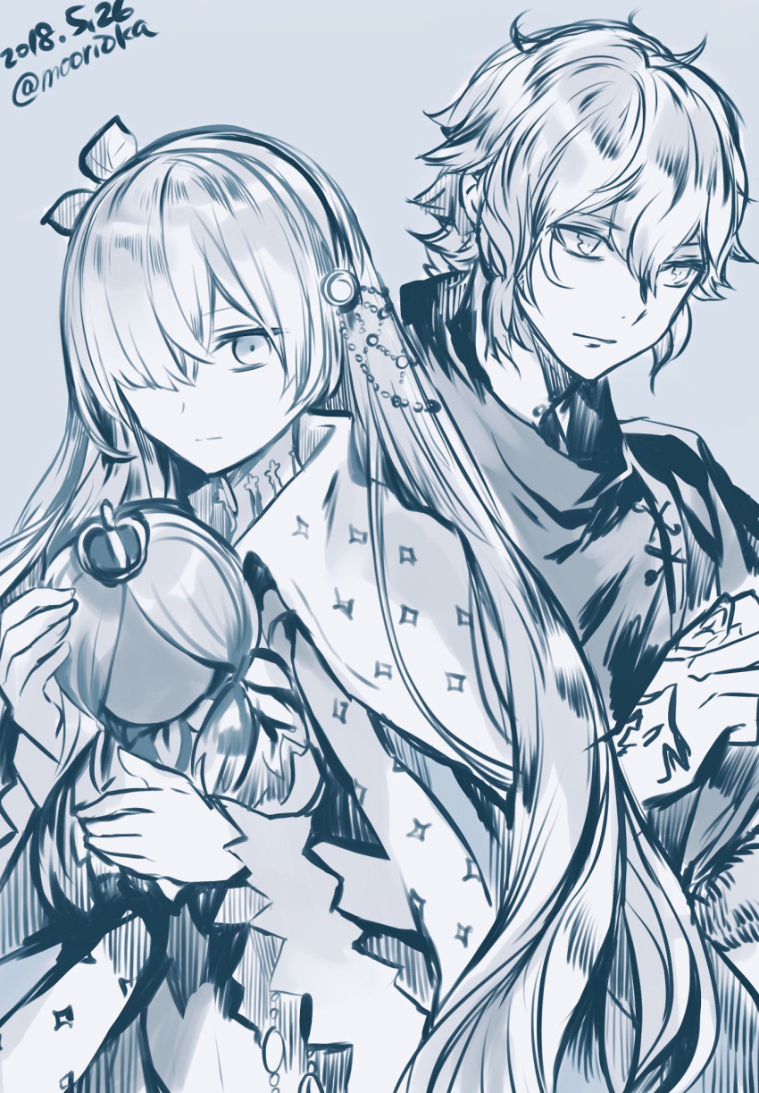1boy 1girl anastasia_(fate/grand_order) blue blue_background bow cape closed_mouth command_spell crown dated fate/grand_order fate_(series) hair_between_eyes hair_bow hair_ornament hair_over_one_eye hairband highres holding kadoc_zemlupus long_hair long_sleeves monochrome one_eye_covered rioka_(southern_blue_sky) simple_background standing twitter_username very_long_hair wide_sleeves