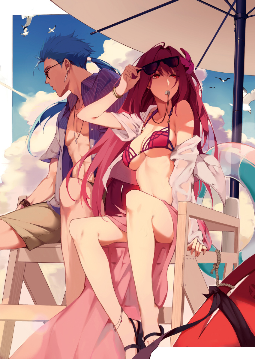 1boy 1girl absurdres alternate_costume anklet beach beach_umbrella bikini bird blue_hair blue_sky bracelet breasts buoy clouds cloudy_sky day earrings fate/grand_order fate_(series) flower hair_flower hair_intakes hair_ornament hibiscus highres jacket jewelry lancer large_breasts lifeguard_chair looking_away looking_to_the_side navel off_shoulder open_clothes open_shirt pink_bikini ponytail purple_bikini purple_hair red_eyes reroi sandals sarong scathach_(fate)_(all) scathach_(fate/grand_order) scathach_(swimsuit_assassin)_(fate) seagull shorts sky sunglasses sweat swimsuit umbrella whistle