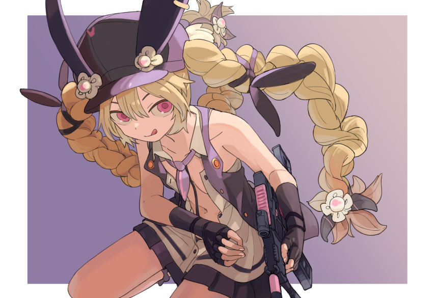 1girl american_dog_wo assault_rifle bangs bare_shoulders black_gloves black_hat black_skirt blonde_hair braid buttons closed_mouth collarbone collared_shirt fingerless_gloves fingernails girls_frontline gloves gun hair_between_eyes hair_ornament hat highres holding holding_gun holding_weapon long_hair looking_at_viewer miniskirt navel necktie object_namesake open_clothes open_shirt open_vest pink_eyes pleated_skirt purple_neckwear purple_vest rifle shirt short_necktie skirt sleeveless sleeveless_shirt smile solo sr-3mp sr-3mp_(girls_frontline) tongue tongue_out twin_braids unbuttoned unbuttoned_shirt very_long_hair vest weapon white_shirt