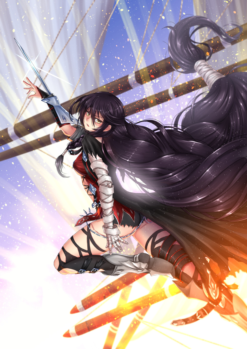 1girl adsouto arm_guards armor armored_boots artist_name bandage bandaged_arm bandages black_hair black_legwear black_shorts boots braid breasts day eyebrows_visible_through_hair highres long_hair looking_at_viewer medium_breasts shorts solo tales_of_(series) tales_of_berseria thigh-highs thigh_strap torn_clothes torn_legwear under_boob velvet_crowe very_long_hair weapon yellow_eyes