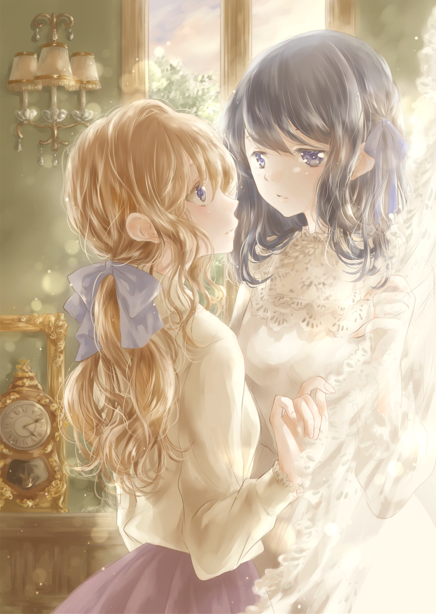 2girls absurdres arm_up black_hair blouse blue_eyes blue_ribbon blurry bokeh chest_of_drawers clock commentary cowboy_shot curtains depth_of_field dress eye_contact eyelashes facing_another from_side hair_ribbon head_tilt highres holding hoshiibara_mato indoors light_brown_hair long_hair long_sleeves looking_at_another medium_hair mirror multiple_girls original parted_lips ponytail purple_skirt ribbon roman_numerals skirt tree wall_lamp white_blouse white_dress window yuri