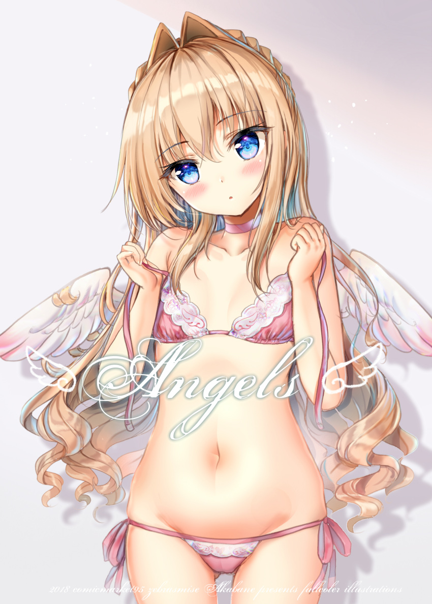 1girl :o absurdres akabane_(zebrasmise) angel_wings armpit_crease ass_visible_through_thighs bangs bare_arms bare_shoulders blonde_hair blue_eyes blush bra braid breasts choker collarbone commentary_request cowboy_shot eyebrows_visible_through_hair groin hair_intakes hands_up head_tilt highres lace lace-trimmed_bra legs_apart light_particles long_hair looking_at_viewer mononobe_alice navel nijisanji panties parted_lips pink_bra pink_choker pink_panties shadow side-tie_panties sidelocks small_breasts solo standing underwear untied_bra virtual_youtuber wavy_hair wings