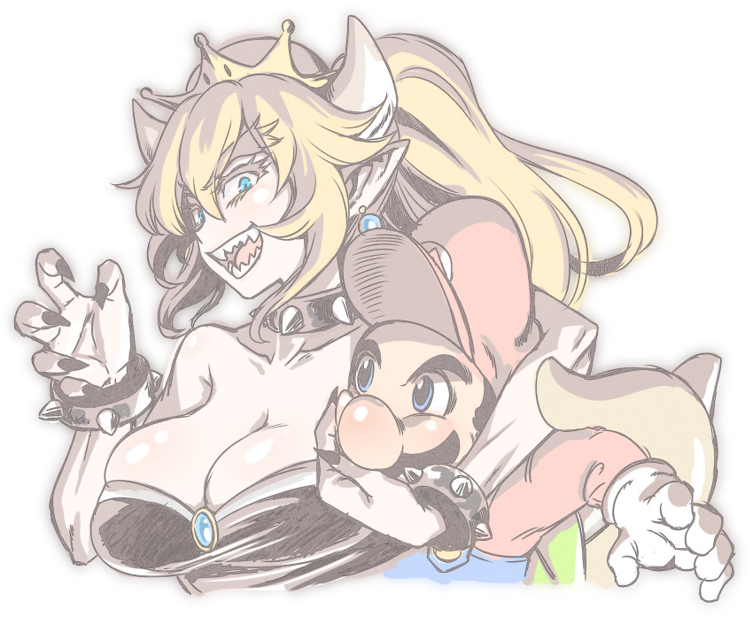 1boy 1girl black_collar black_dress black_leotard black_nails blonde_hair blue_earrings borrowed_design bowsette bracelet collar crown dress earrings facial_hair highres horns jewelry leotard mario super_mario_bros. minami_juujisei mustache nail_polish new_super_mario_bros._u_deluxe nintendo pointy_ears sharp_teeth simple_background spiked_armlet spiked_bracelet spiked_collar spiked_shell spiked_tail spikes strapless strapless_dress super_crown super_mario_bros. tail teeth turtle_shell white_background