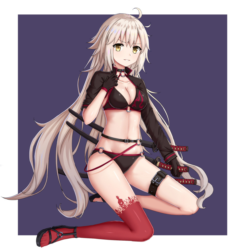 1girl ahoge asymmetrical_legwear bikini black_bikini black_gloves black_sleeves breasts cleavage collarbone eyebrows_visible_through_hair fate/grand_order fate_(series) floating_hair full_body gloves groin hair_between_eyes highres holding holding_sword holding_weapon jeanne_d'arc_(alter_swimsuit_berserker) jeanne_d'arc_(fate)_(all) kapamiao kneeling long_hair long_sleeves looking_at_viewer medium_breasts navel o-ring o-ring_bikini parted_lips red_legwear sheath sheathed shrug_(clothing) silver_hair single_thighhigh solo swimsuit sword thigh-highs thigh_strap very_long_hair weapon yellow_eyes