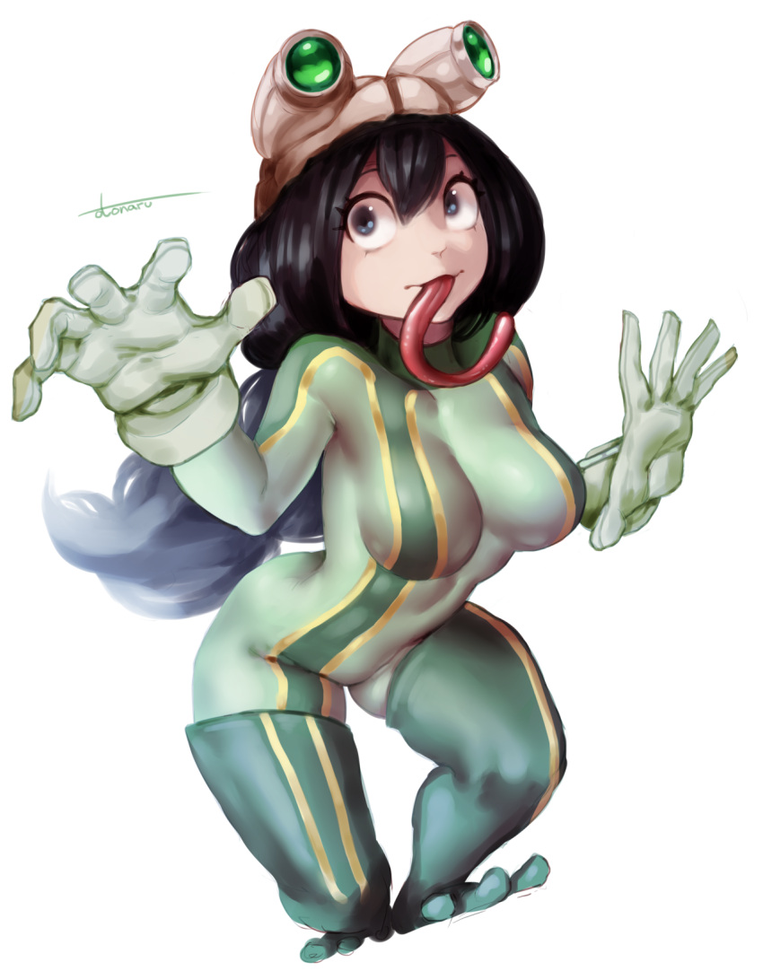 1girl artist_name asui_tsuyu black_eyes black_hair bodysuit boku_no_hero_academia boots breasts frog_girl full_body gloves goggles goggles_on_head green_bodysuit green_gloves green_legwear hair_between_eyes hair_rings highres long_hair long_tongue low-tied_long_hair medium_breasts otonaru simple_background skin_tight solo thigh-highs thigh_boots tongue tongue_out very_long_hair very_long_tongue white_background