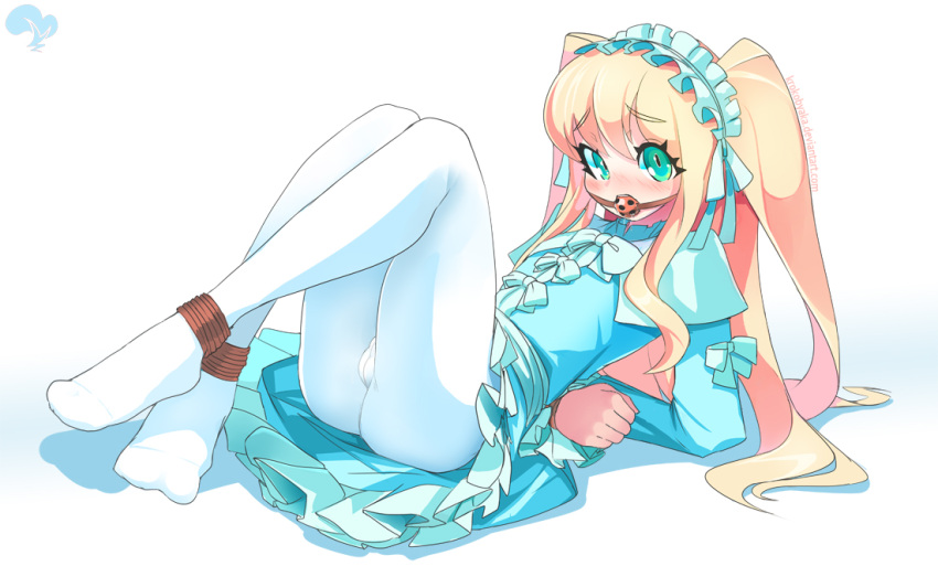 1boy aqua_eyes ball_gag bdsm blue_dress bondage bound bound_ankles bound_arms bulge crossdressinging dress eyebrows_visible_through_hair frills gag gagged gothic_lolita hairband krokobyaka lolita_fashion lolita_hairband long_hair looking_at_viewer nanbaka otoko_no_ko pantyhose solo sugoroku_hitoshi two_side_up white_legwear