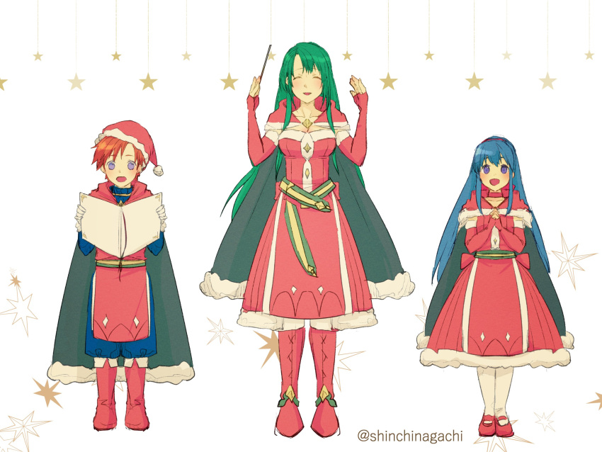 alternate_costume blue_hair blush breasts cape cecilia_(fire_emblem) christmas couple dress elbow_gloves fire_emblem fire_emblem:_fuuin_no_tsurugi fire_emblem_heroes fur_trim gloves green_eyes green_hair hat headband highres large_breasts lilina long_hair looking_at_viewer merry_christmas nintendo nishimura_(nianiamu) open_mouth red_dress red_gloves redhead roy_(fire_emblem) sack santa_costume santa_hat short_hair simple_background smile younger