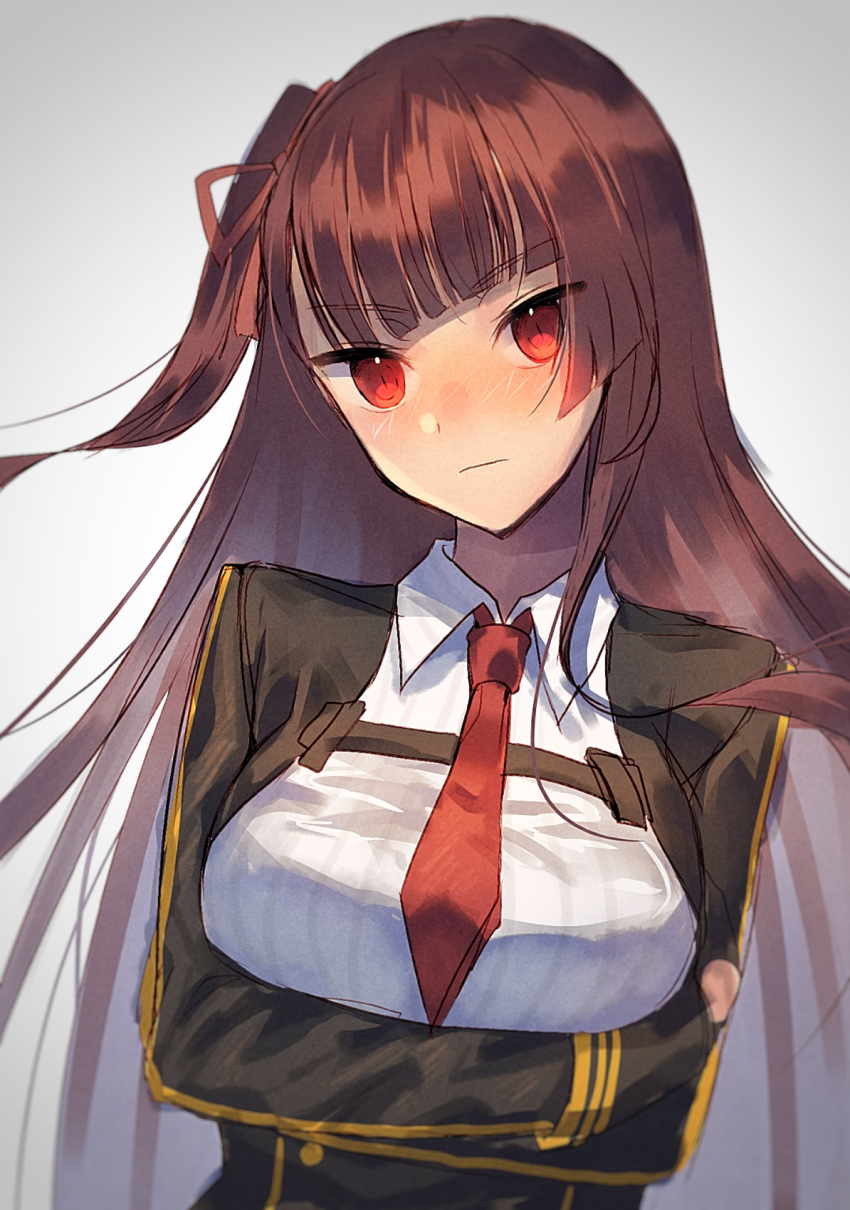 1girl blush crossed_arms eyebrows_visible_through_hair girls_frontline hair_ribbon highres long_hair looking_at_viewer necktie nose_blush one_side_up purple_hair red_eyes ribbon simple_background solo upper_body wa2000_(girls_frontline) white_background xanax025