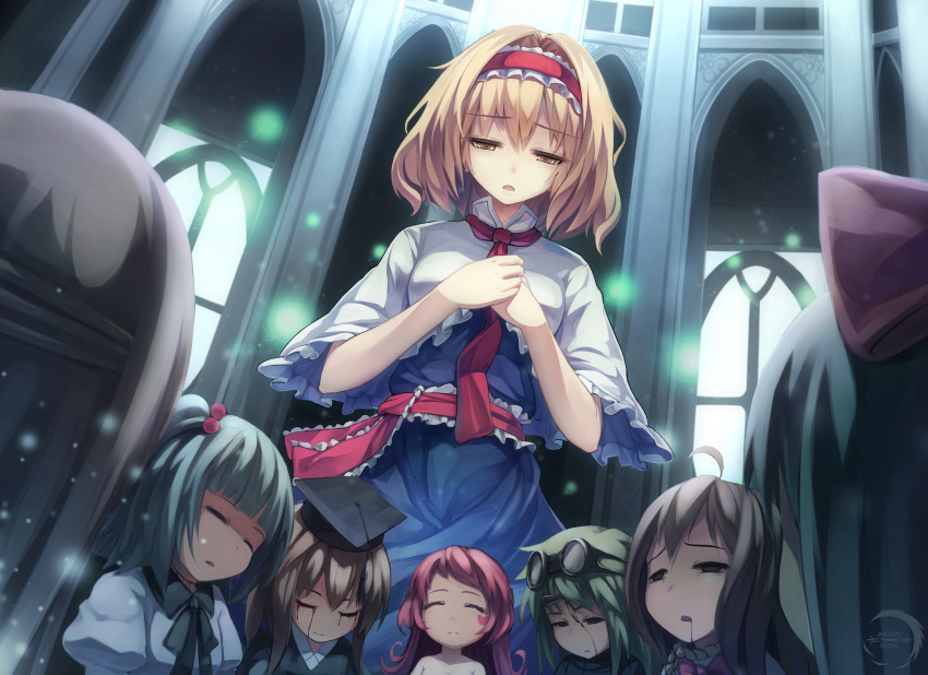 6+girls absurdres alice_margatroid arcade_(architecture) blonde_hair blood blood_on_face bloody_tears blue_dress bow brown_hair capelet closed_eyes dress goggles goggles_on_head green_hair grey_eyes hair_bobbles hair_bow hair_ornament hairband half-closed_eyes hands_on_own_chest hat highres juliet_sleeves lolita_hairband long_sleeves multiple_girls open_mouth pink_hair puffy_sleeves sash shaded_face shanghai_doll touhou xiaoyin_li yellow_eyes