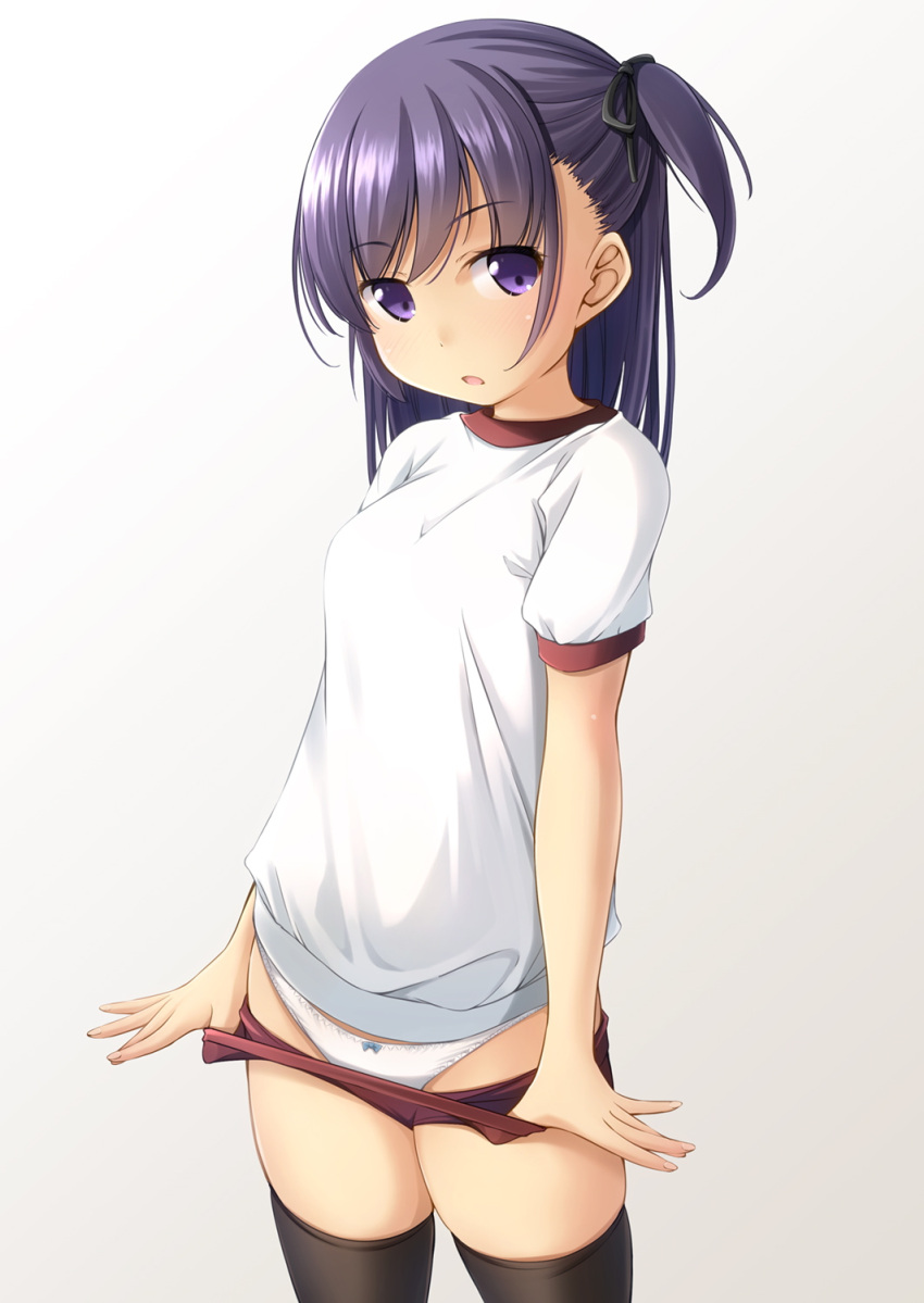 1girl :o bangs black_legwear black_ribbon breasts buruma buruma_pull commentary_request cowboy_shot eyebrows_visible_through_hair gradient gradient_background grey_background gym_uniform hair_ribbon highres legs_apart long_hair looking_at_viewer one_side_up original panties parted_lips purple_hair red_buruma ribbon shibacha shirt short_sleeves skindentation small_breasts solo standing thigh-highs thighs underwear violet_eyes white_background white_panties white_shirt