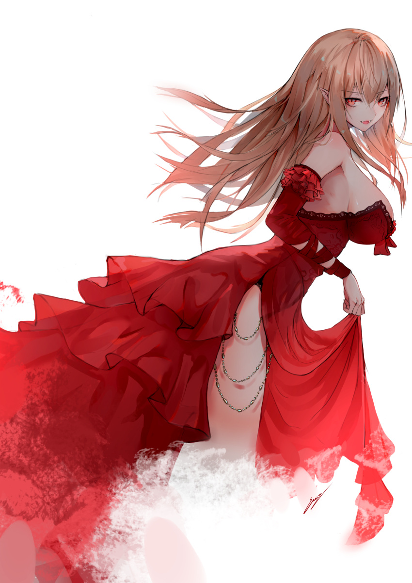 1girl absurdres bare_shoulders blonde_hair blood breasts commentary dress english english_commentary erospanda eyebrows_visible_through_hair fang fangs hair_between_eyes highres holding_dress invisible large_breasts long_hair long_sleeves looking_at_viewer no_bra no_legs open_mouth original pointy_ears red red_dress red_eyes red_sleeves signature simple_background slit_pupils solo vampire white_background