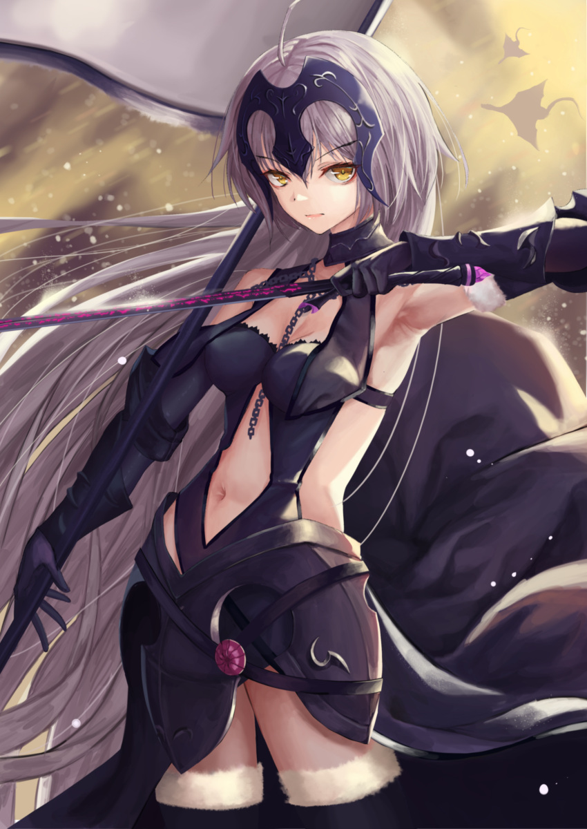 1girl absurdres ahoge armpits banner black_dress breasts center_opening chains cleavage commentary_request dress eyebrows_visible_through_hair fate/grand_order fate_(series) fur_trim hair_between_eyes headpiece highres jeanne_d'arc_(alter)_(fate) jeanne_d'arc_(fate)_(all) long_hair navel nekobell silver_hair solo staff sword thigh-highs thighs very_long_hair weapon yellow_eyes yellow_sky