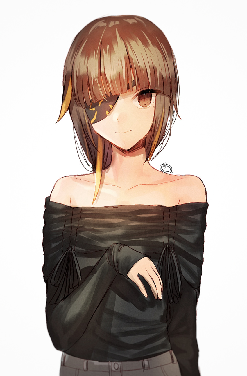 1girl alternate_costume bare_shoulders blonde_hair brown_eyes brown_hair casual collarbone eyepatch girls_frontline highres long_hair long_sleeves looking_back m16a1_(girls_frontline) mole mole_under_eye multicolored_hair simple_background solo streaked_hair upper_body white_background xanax025