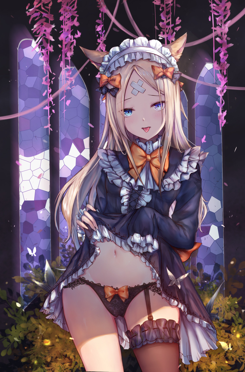 1girl abigail_williams_(fate/grand_order) absurdres animal_ears ass_visible_through_thighs bandaid bandaid_on_face bangs black_bow black_dress black_legwear black_panties blonde_hair blue_eyes blush bow bowtie cat_ears commentary_request cowboy_shot dress dress_lift falling_leaves fate/grand_order fate_(series) frilled_dress frilled_legwear frills garter_straps groin hair_bow hanging_plant head_tilt headdress highres indoors kemonomimi_mode leaf lifted_by_self long_hair long_sleeves looking_at_viewer luminous navel orange_bow orange_neckwear panties parted_bangs pink_ribbon plant polka_dot polka_dot_bow ribbon shade sidelocks single_thighhigh sleeves_past_fingers sleeves_past_wrists solo stained_glass standing stomach thigh-highs tongue tongue_out underwear window