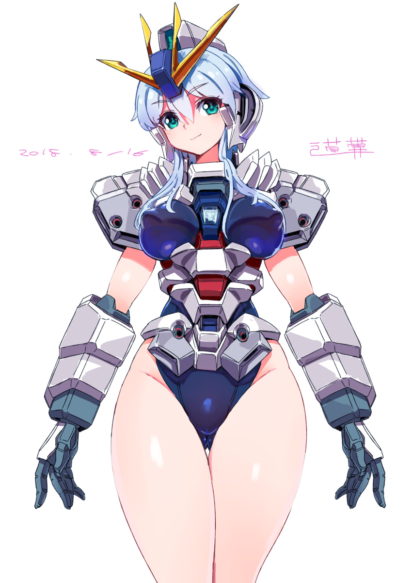 1girl antennae armor bangs blue_hair breasts commentary_request covered_nipples dated eyebrows_visible_through_hair green_eyes gundam gundam_narrative highres large_breasts leotard looking_at_viewer mecha_musume michi_kuso narrative_gundam shiny shiny_hair shiny_skin short_hair sidelocks signature solo standing