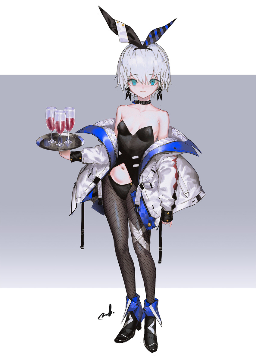 1girl animal_ears bare_shoulders blue_eyes boots breasts breasts_apart bunny_girl collar collarbone cup drinking_glass earrings eyebrows_visible_through_hair fishnet_pantyhose fishnets full_body grey_hair hairband high_heel_boots high_heels highres jacket jewelry leotard looking_at_viewer navel off_shoulder open_clothes open_jacket original pale_skin pantyhose rabbit_ears reoen short_hair signature simple_background small_breasts smile solo standing strapless strapless_leotard thigh_strap tray