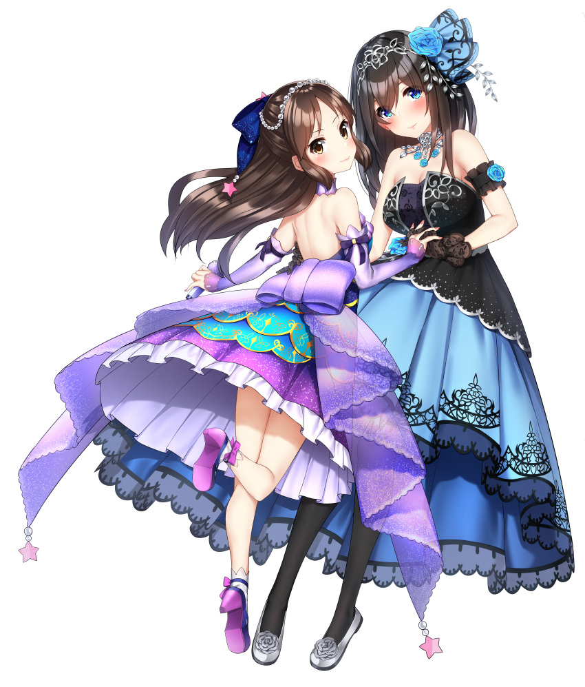 2girls absurdres arm_garter bangs bare_back bare_shoulders beads black_dress black_gloves black_hair blue_eyes blue_flower blue_ribbon blue_rose blush breasts brown_hair cleavage closed_mouth commentary_request detached_sleeves dress eyebrows_visible_through_hair floating_hair flower frilled_dress frills gloves go-1 grey_flower grey_rose hair_flower hair_ornament hair_ribbon hand_holding head_tilt headdress high_heels highres holding holding_microphone huge_filesize idolmaster idolmaster_cinderella_girls interlocked_fingers leg_up loafers long_dress long_hair long_sleeves looking_at_viewer looking_back medium_breasts microphone multiple_girls nail_polish pink_nails purple_dress purple_ribbon ribbon rose sagisawa_fumika shoes sidelocks simple_background sleeveless sleeveless_dress sleeves_past_wrists smile star strapless strapless_dress tachibana_arisu white_background white_footwear yellow_eyes