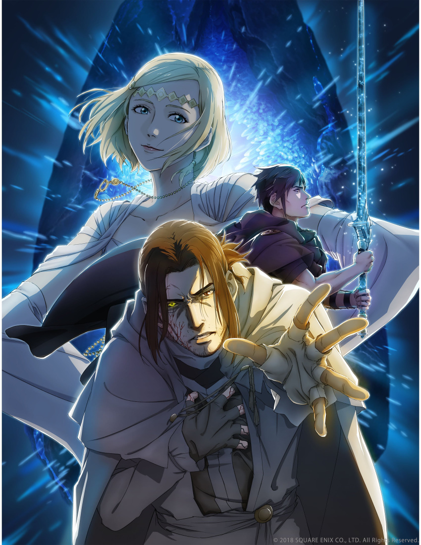 1girl 2boys absurdres ardyn_izunia black_hair blonde_hair blue_eyes brown_eyes brown_hair cape character_request commentary_request final_fantasy final_fantasy_xv fingerless_gloves gloves heterochromia highres key_visual multiple_boys official_art short_hair sword veins weapon yellow_eyes